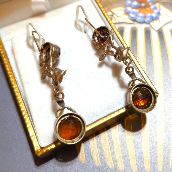 Art Nouveau Long Bronze Paste Stone Earrings - Picture 5 of 6